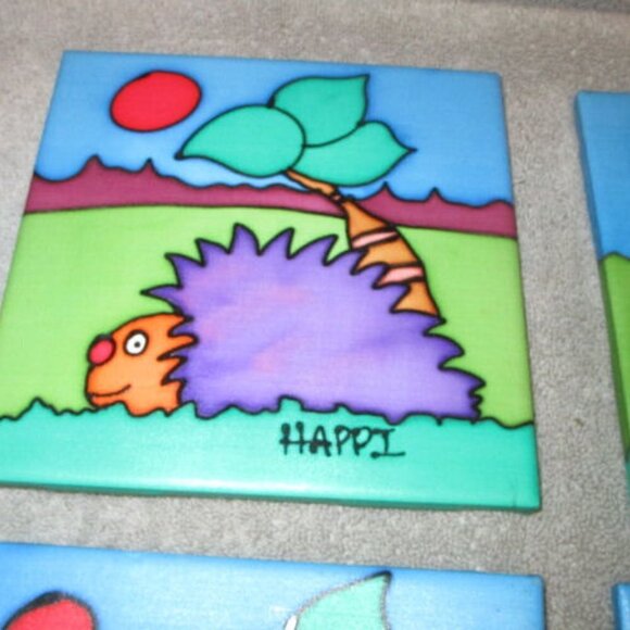 4X Lot African Painted Silk Ceramic Tiles Safari Wall Art Signed Elephant Zebra - Picture 2 of 7